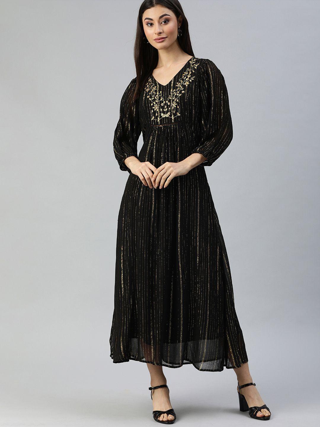 ishin women black & gold-coloured striped maxi dress with embroidered detail