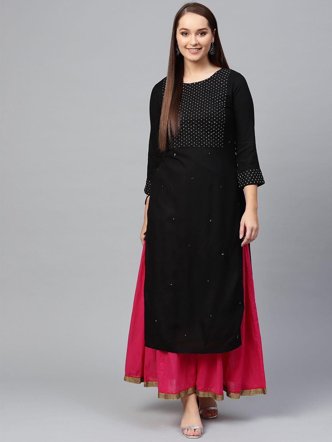 ishin women black & golden embroidered straight kurta