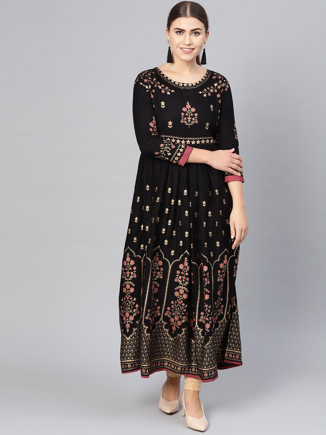 ishin women black & golden foil print a-line kurta