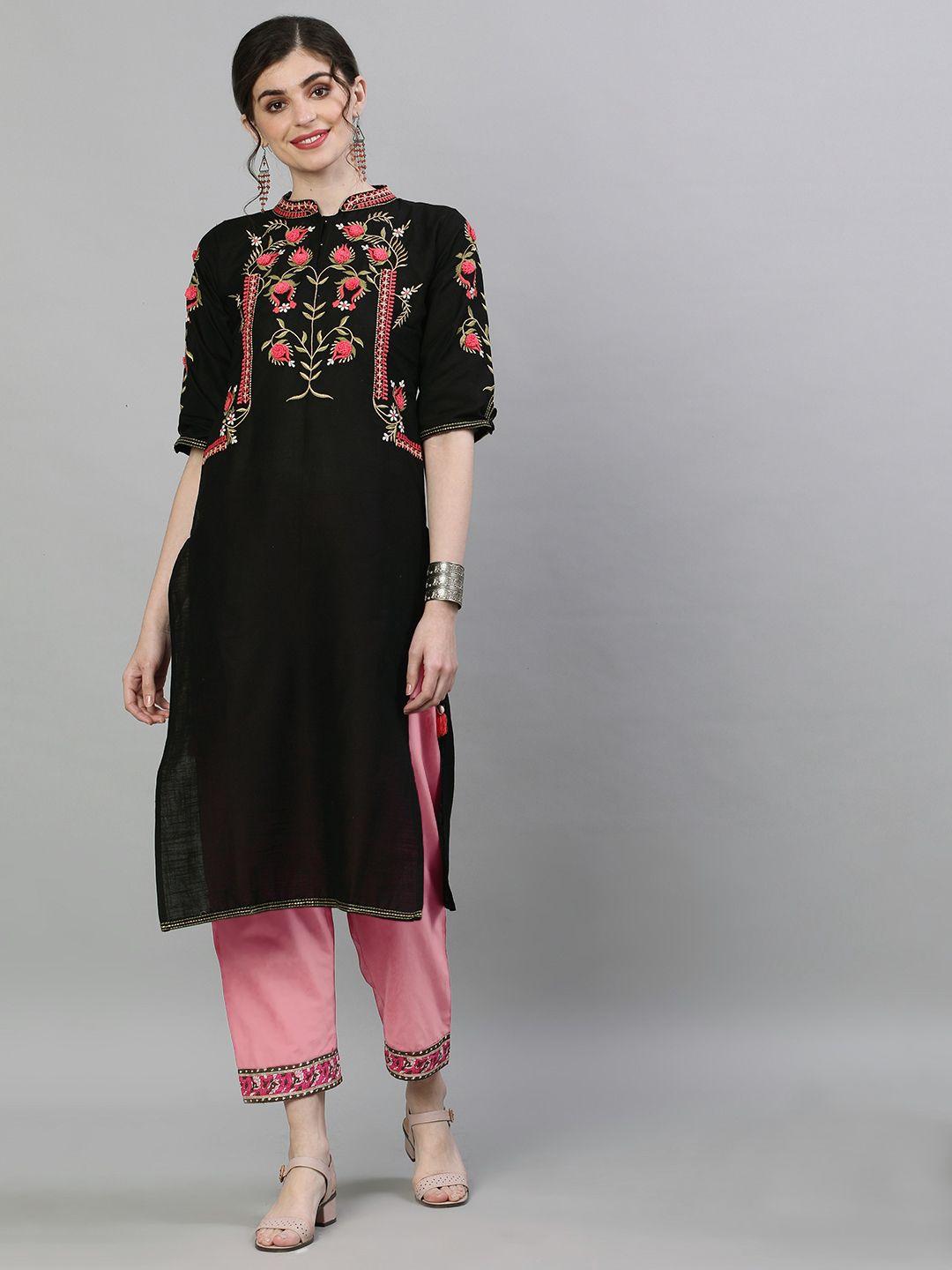 ishin women black & pink yoke design straight kurta