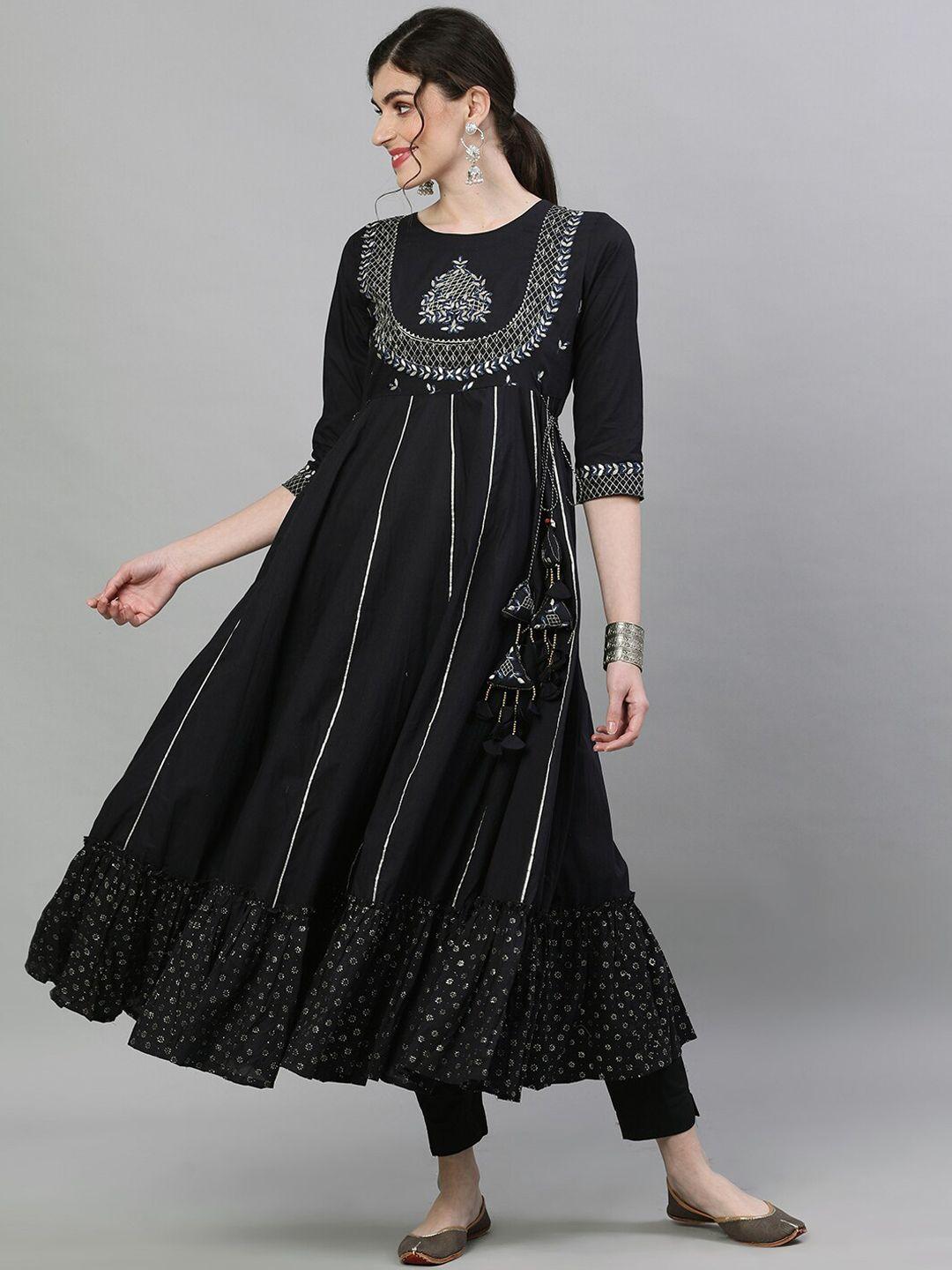 ishin women black & silver-toned embroidered anarkali kurta