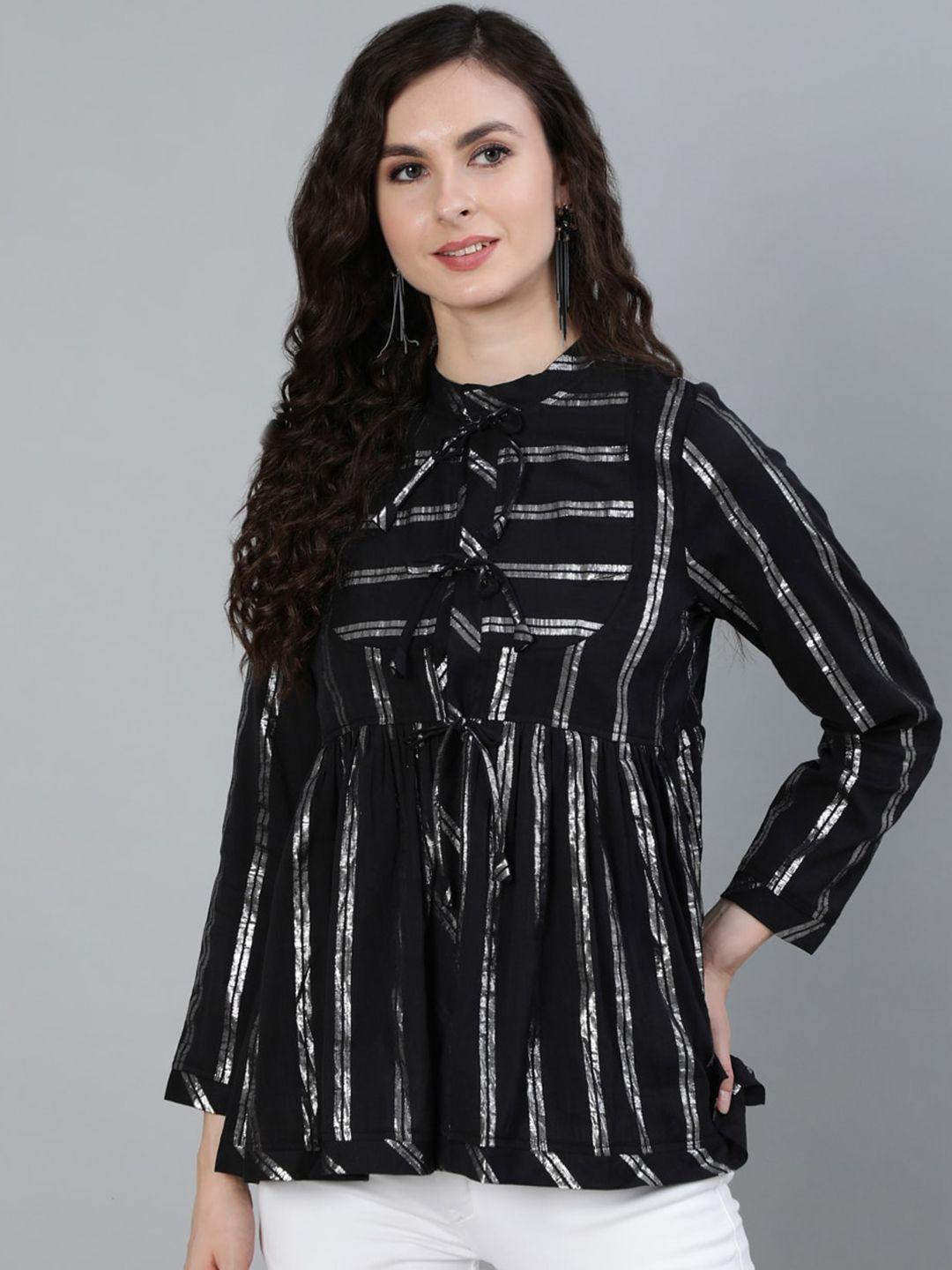 ishin women black & silver-toned striped shimmer a-line top