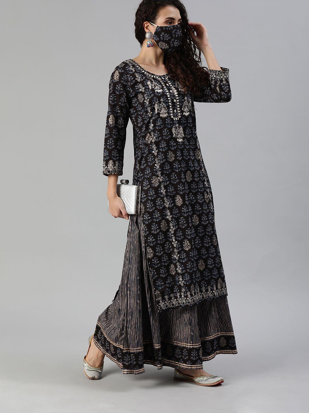 ishin women black  beige printed sequinned gotta patti kurta set