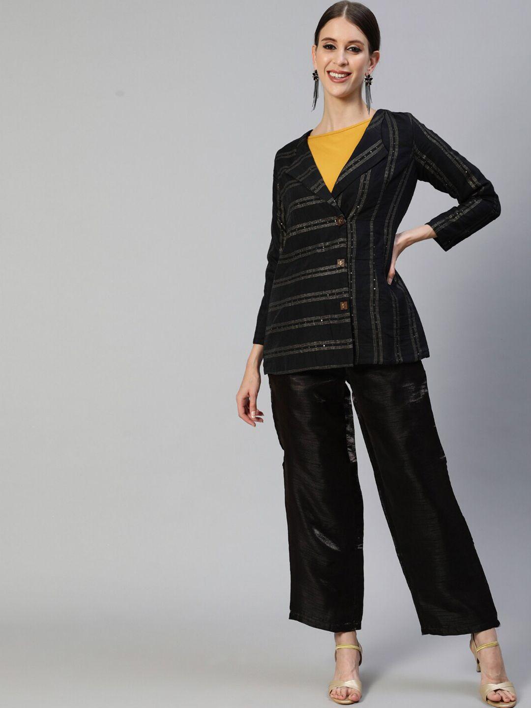 ishin women black cotton blend striped woven coat with trousers