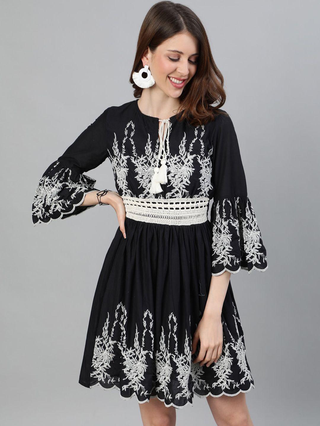 ishin women black embroidered fit and flare dress