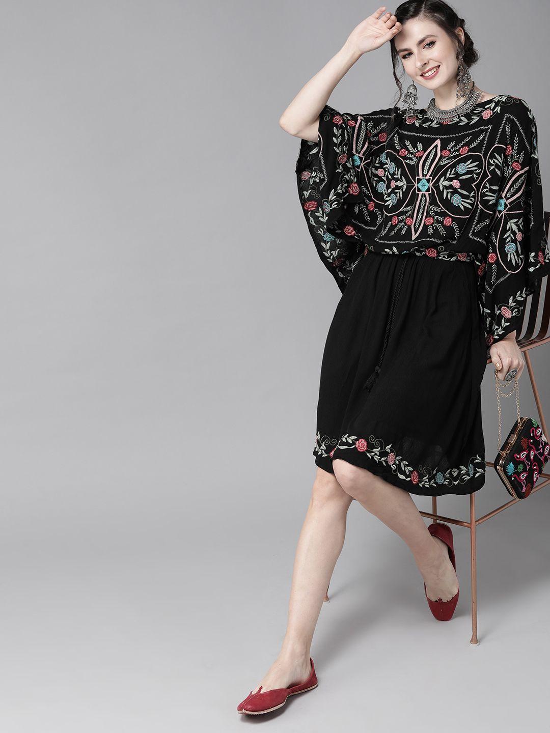 ishin women black embroidered kaftan dress