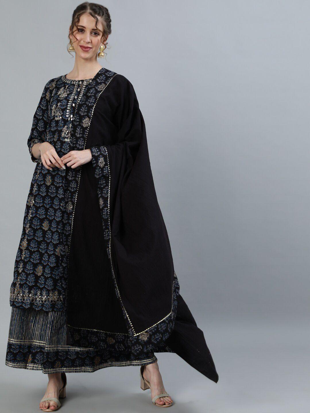 ishin women black ethnic motifs embroidered panelled pure cotton kurta with skirt & with dupatta