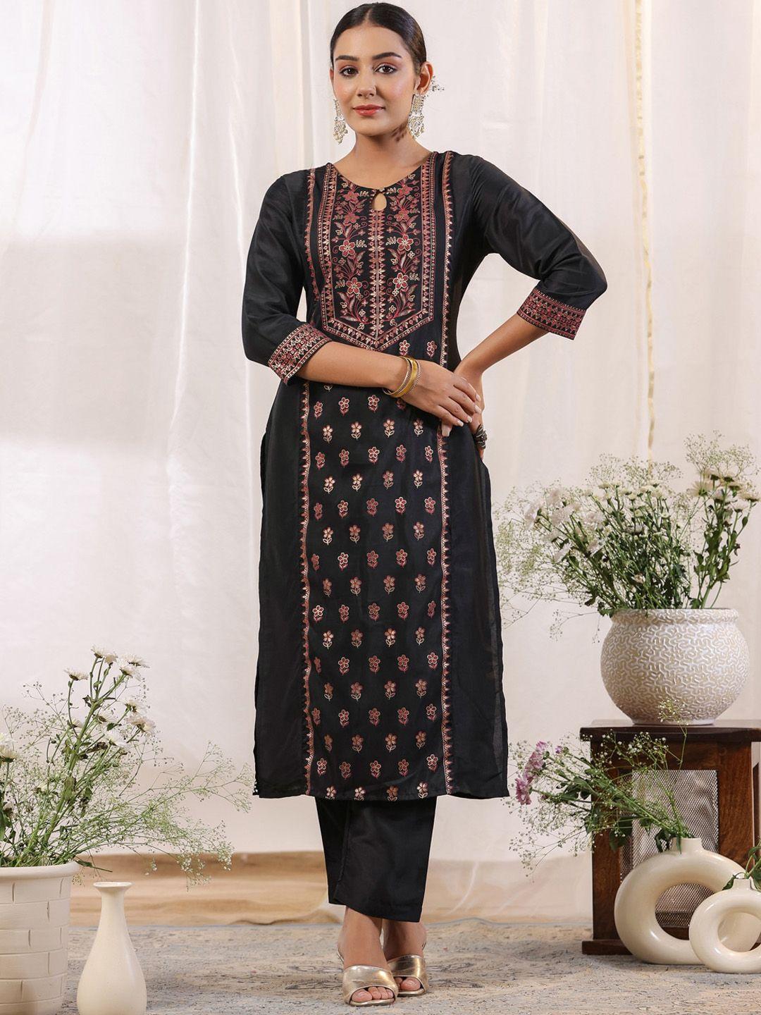 ishin women black ethnic motifs printed regular kurta with trousers