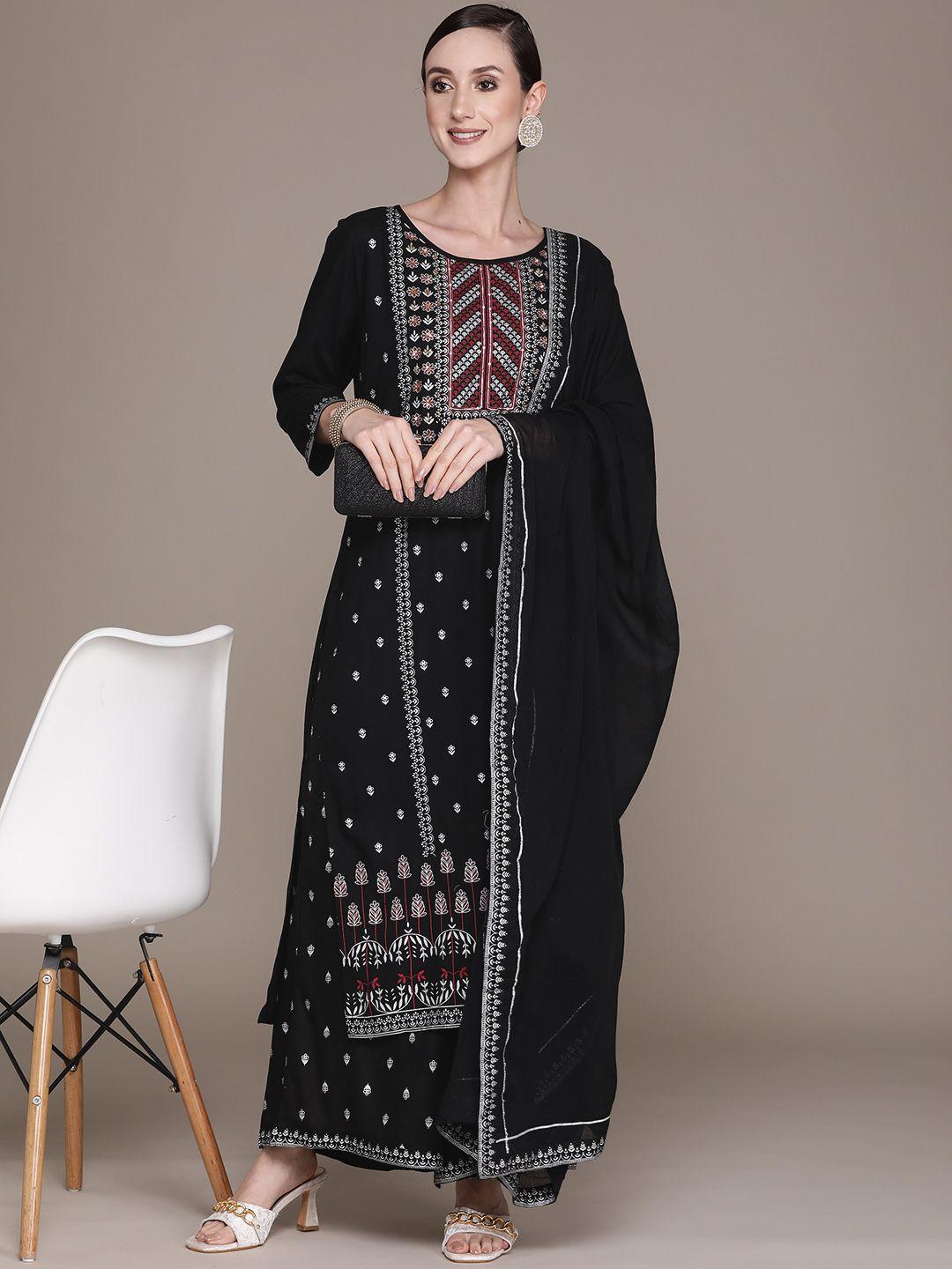 ishin women black floral embroidered beads and stones kurta with palazzos & with dupatta