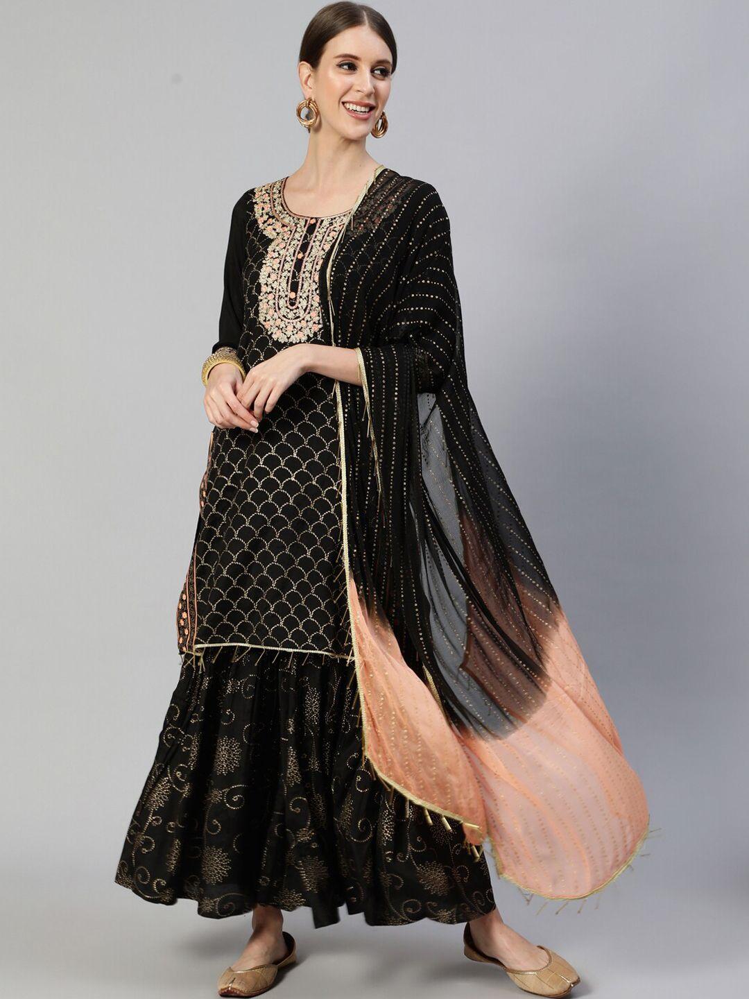 ishin women black floral embroidered regular kurta with sharara & with dupatta