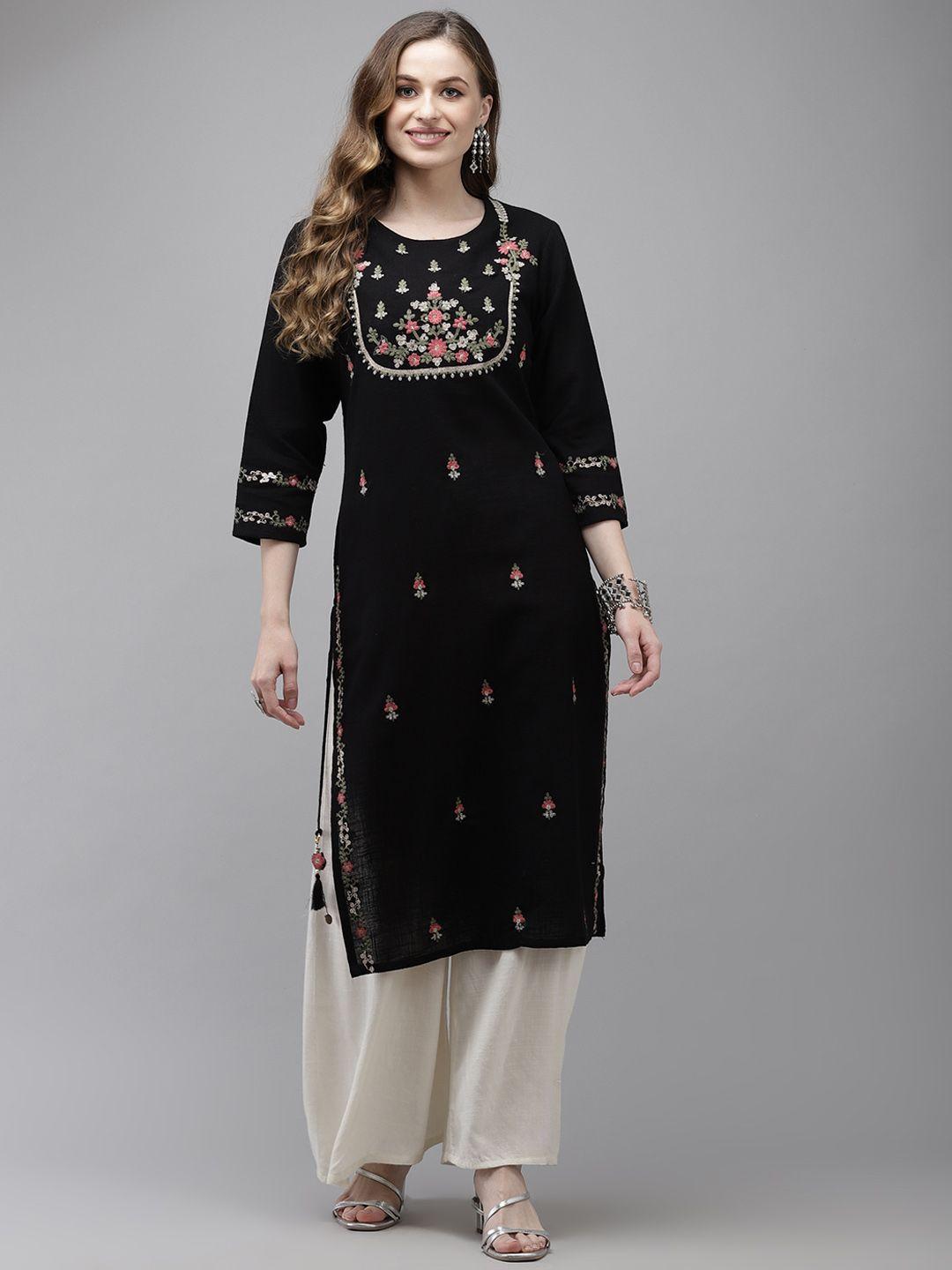 ishin women black floral embroidered thread work floral kurta