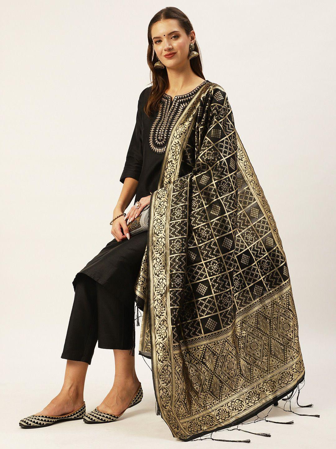 ishin women black floral yoke design embellished kurta with trousers & with dupatta