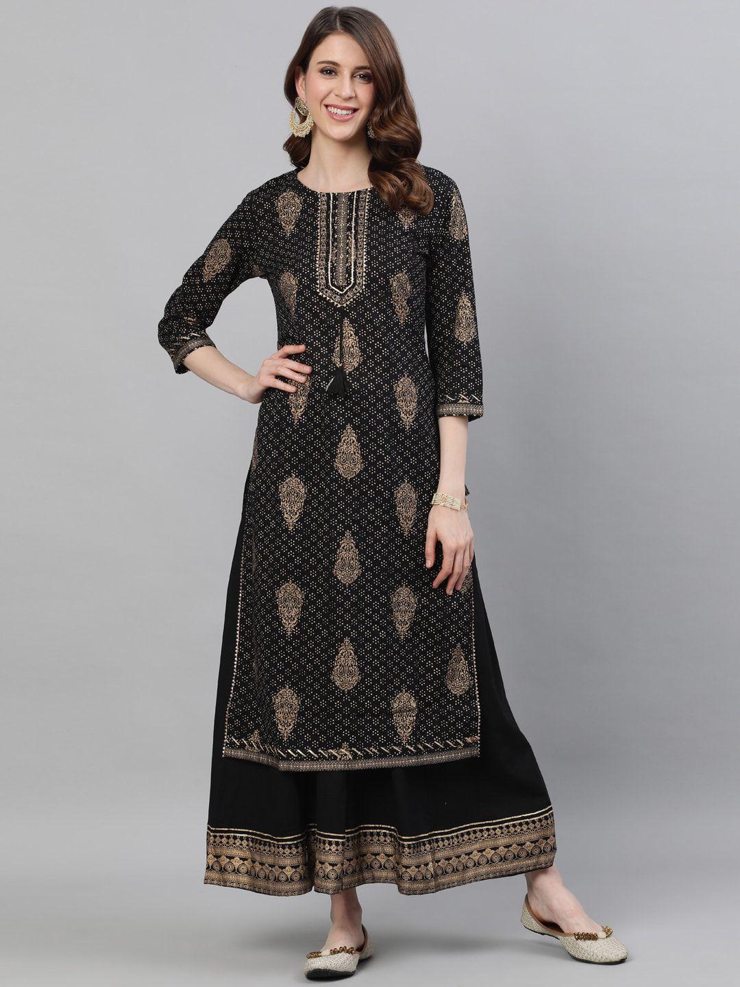 ishin women black woven design kurta with skirt