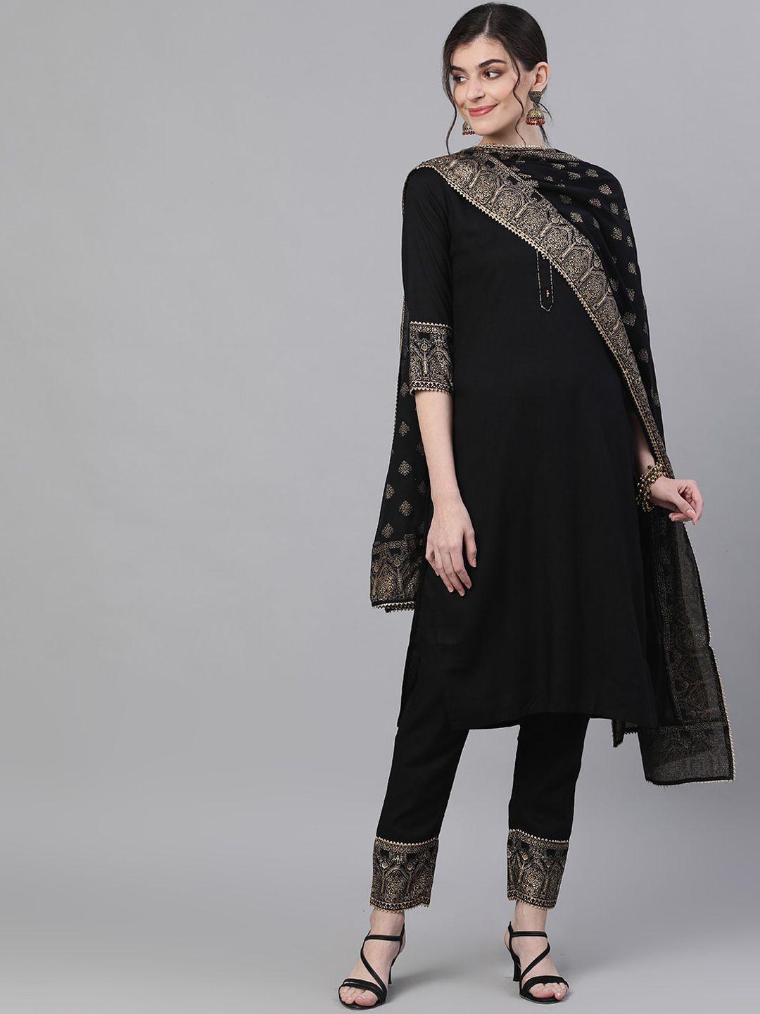 ishin women black yoke design angrakha gotta patti kurta with trousers & with dupatta