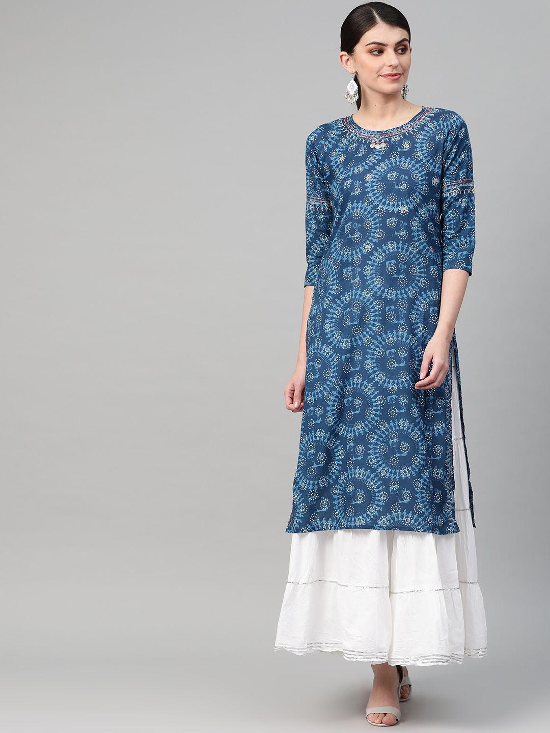 ishin women blue & white kalamkari print kurta with skirt