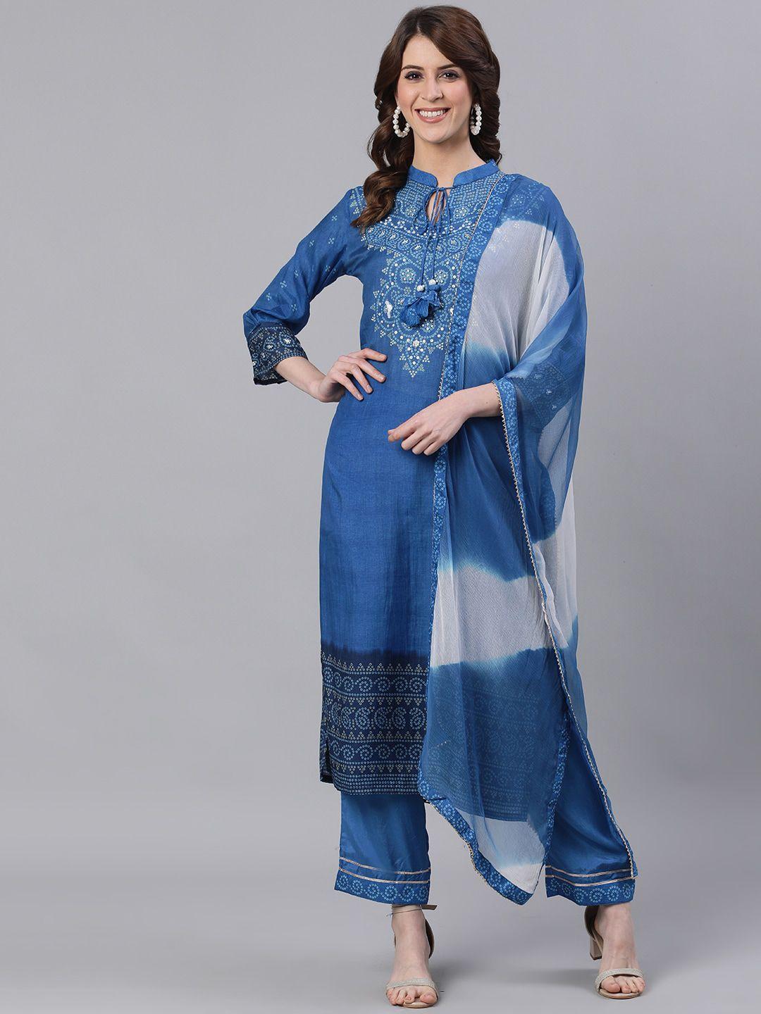 ishin women blue bandhani beads & stones kurta with trousers & dupatta