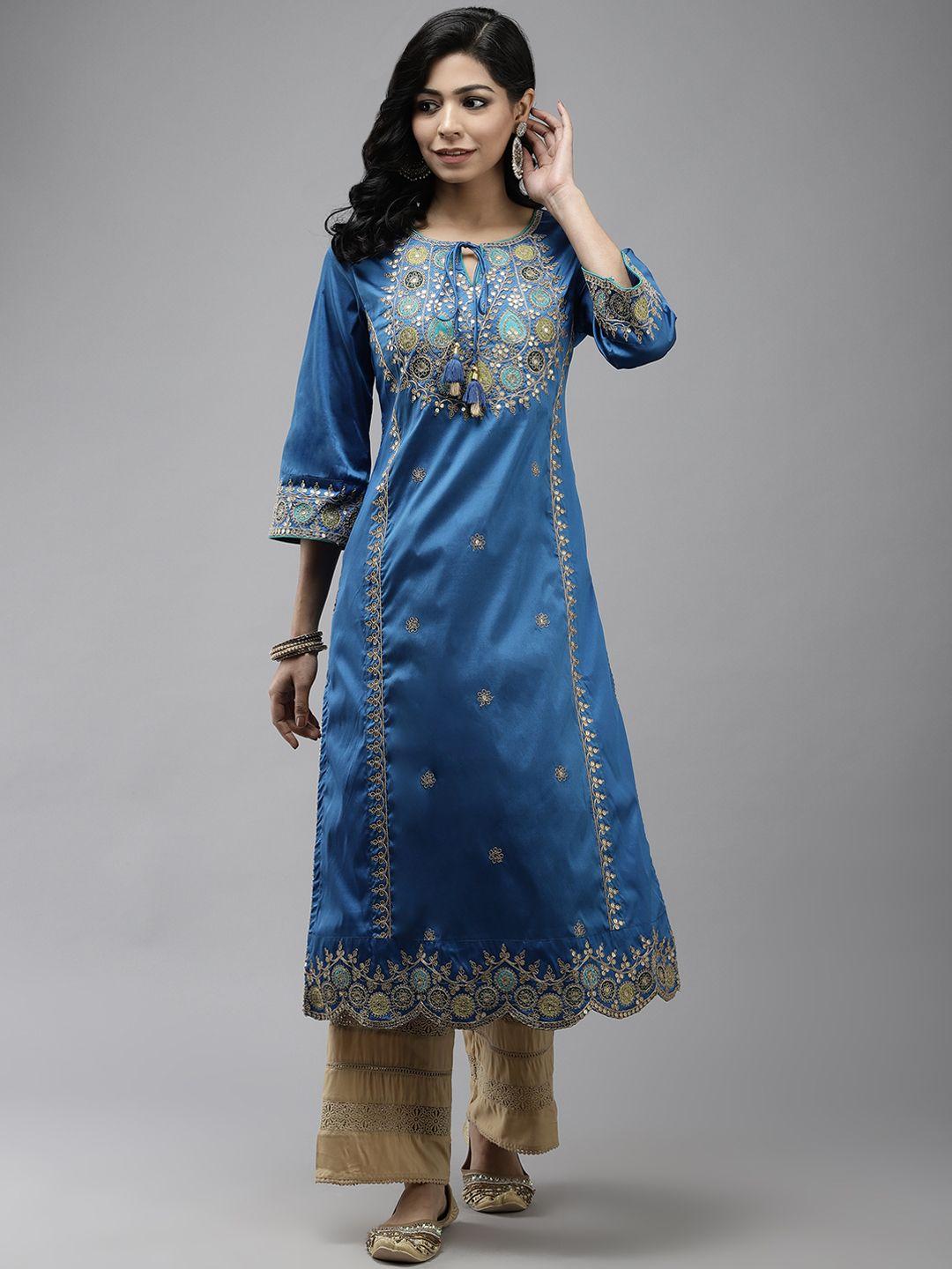 ishin women blue ethnic motifs embroidered a-line kurta