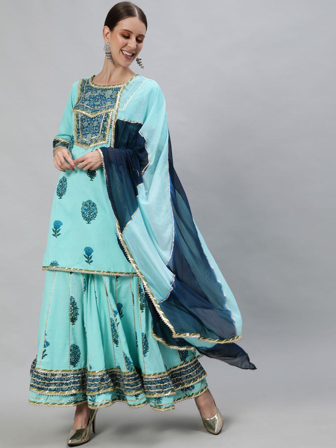 ishin women blue ethnic motifs embroidered regular pure cotton kurta with sharara & with dupatta