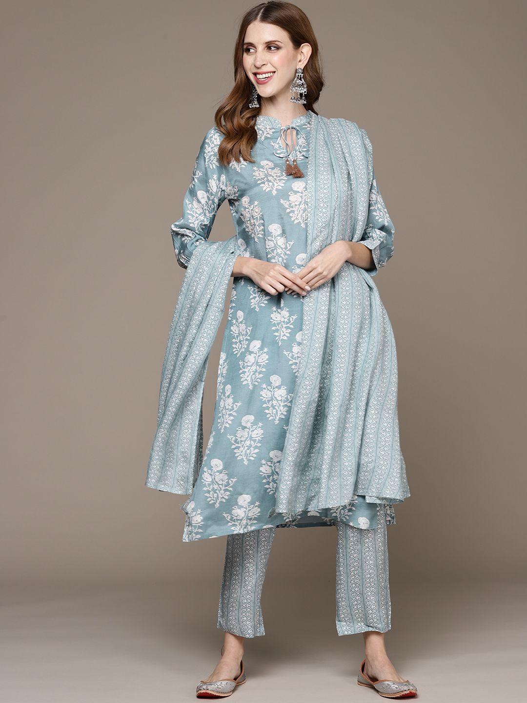 ishin women blue floral embroidered kurta with trousers & with dupatta