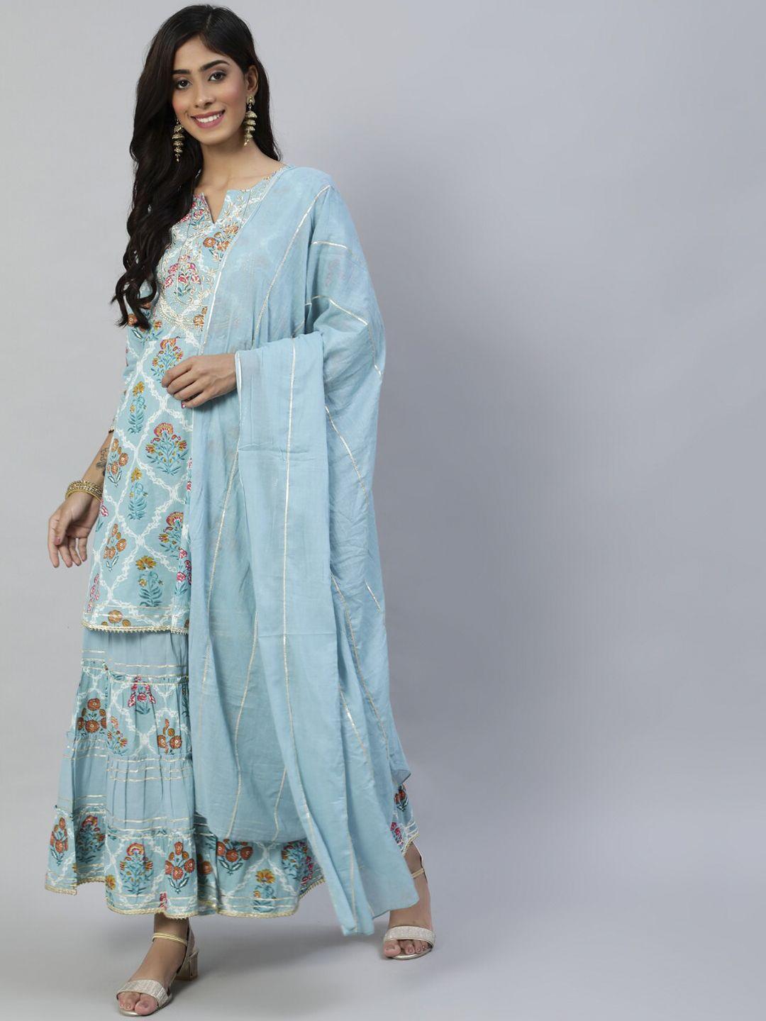 ishin women blue floral printed kurta with sharara & dupatta