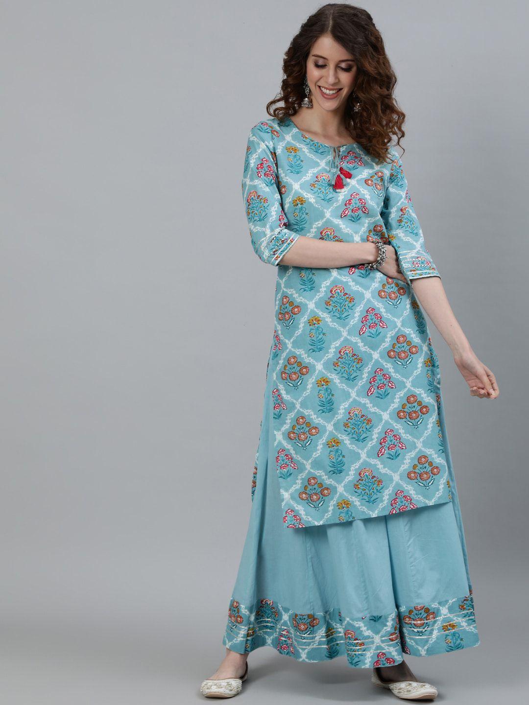 ishin women blue floral printed pure cotton kurta with sharara
