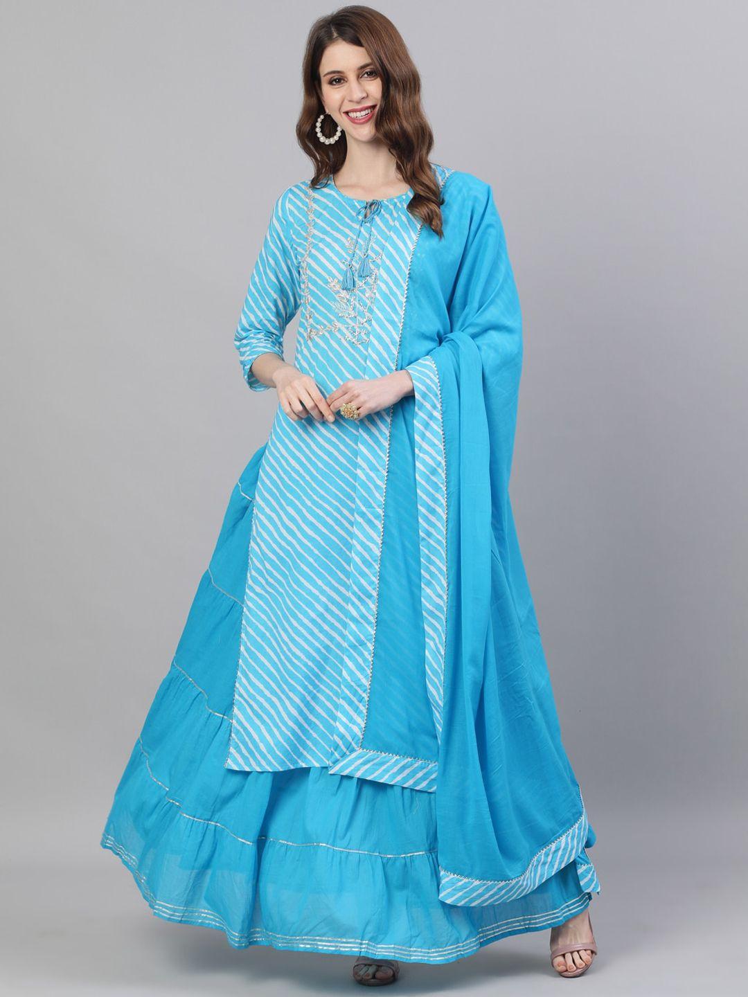 ishin women blue layered straight pure cotton kurta with skirt & with dupatta