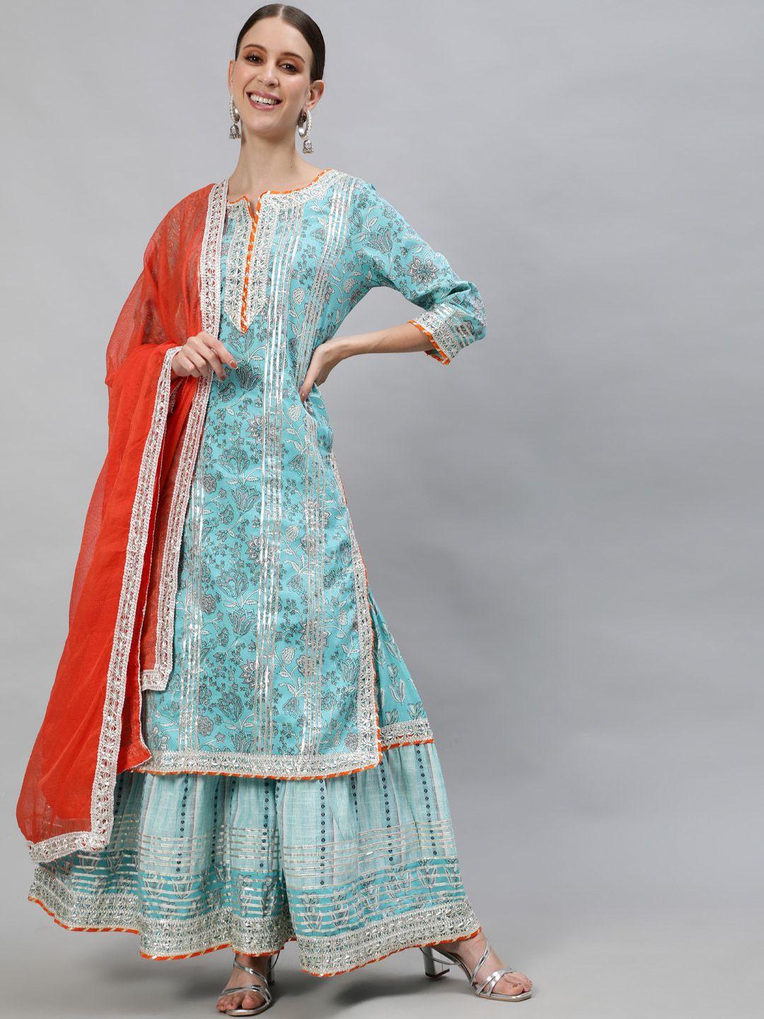 ishin women blue paisley embroidered regular pure cotton kurta with sharara & with dupatta