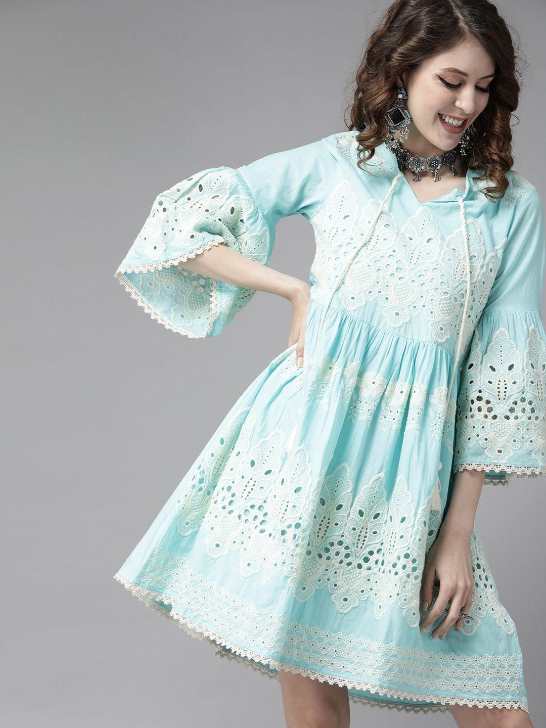 ishin women blue pure cotton embroidered a-line dress