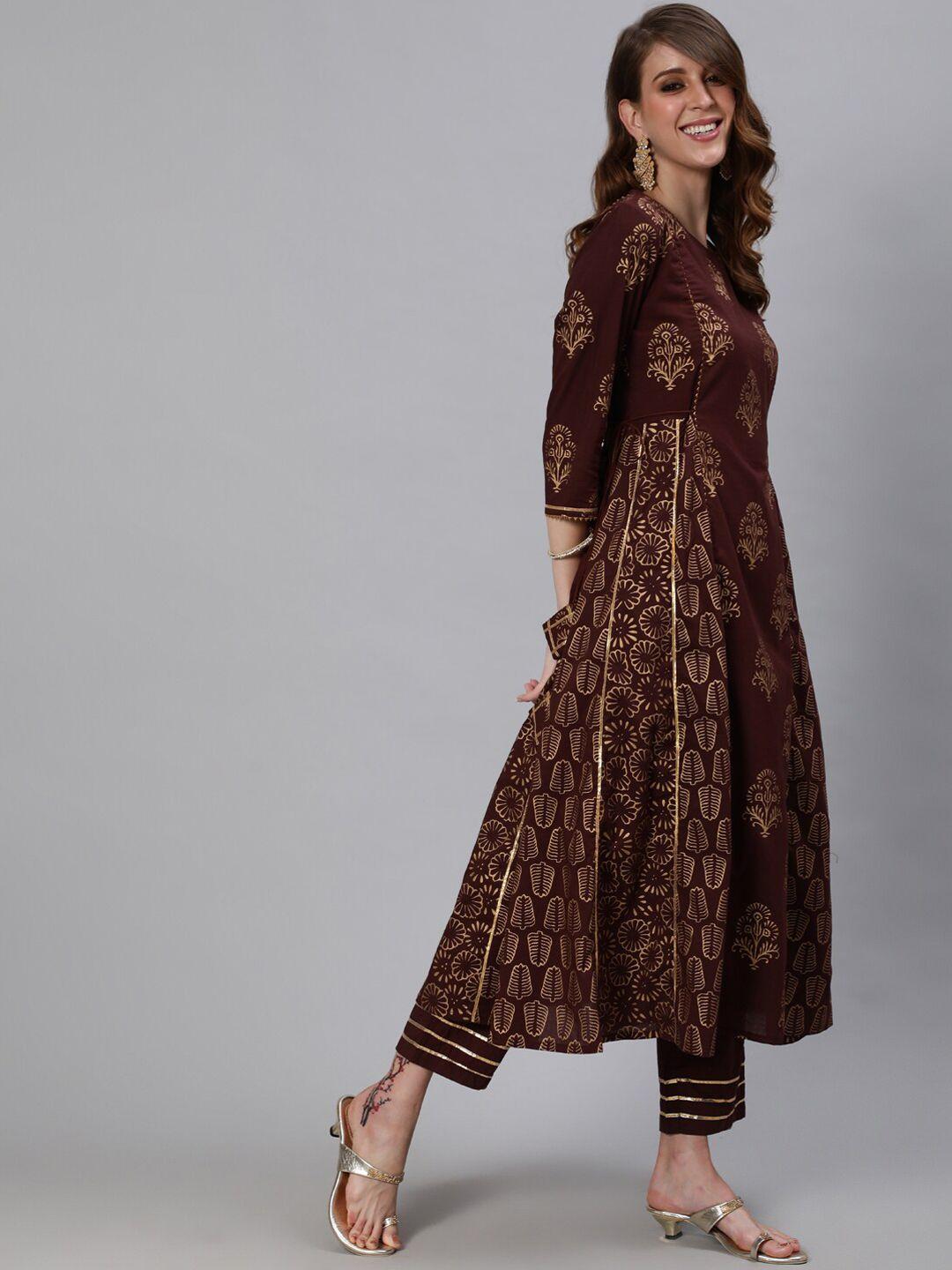 ishin women brown ethnic motifs printed regular pure cotton kurta with palazzos