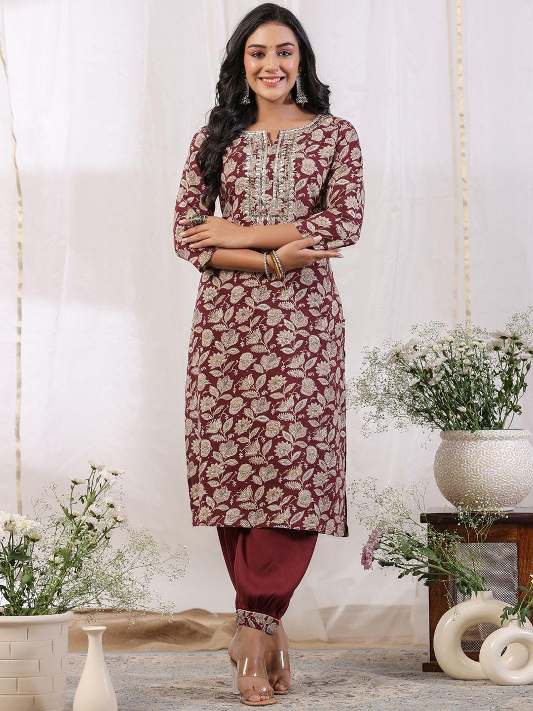 ishin women brown ethnic motifs printed regular sequinned kurta with harem pants