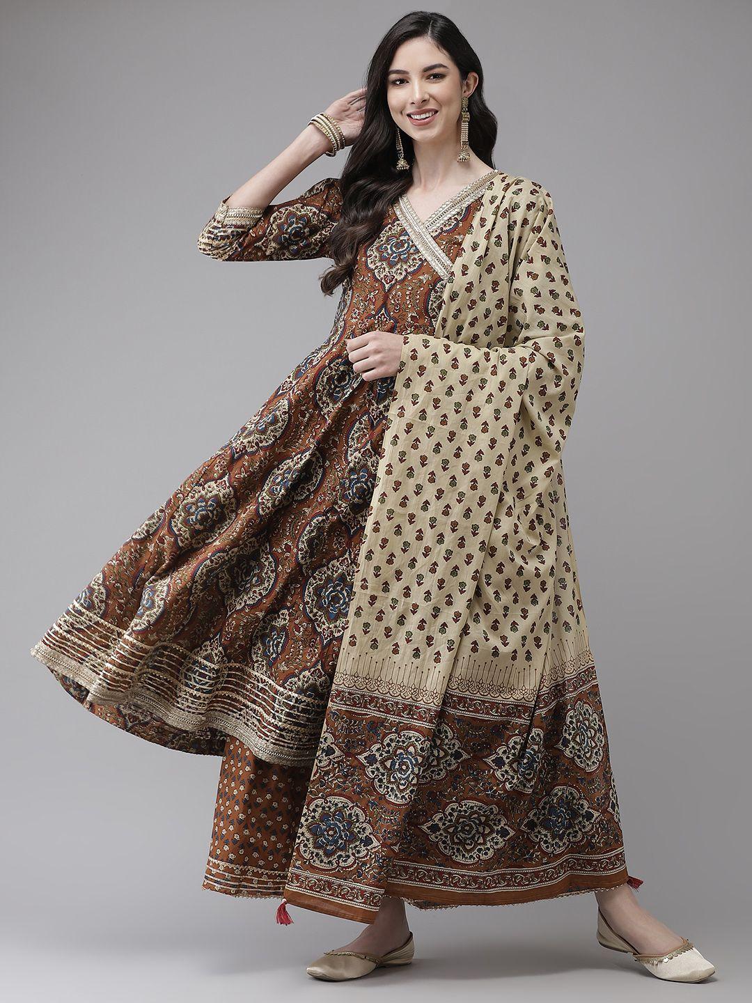 ishin women brown printed regular gotta patti pure cotton kurta with palazzos & with dupatta