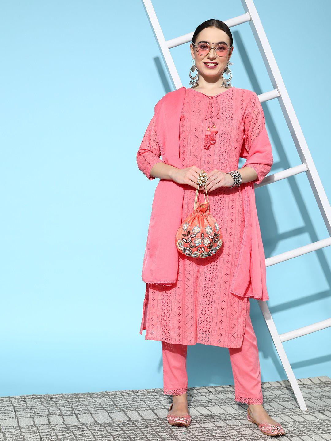 ishin women coral schiffli embroidered pure cotton kurta with trousers & dupatta