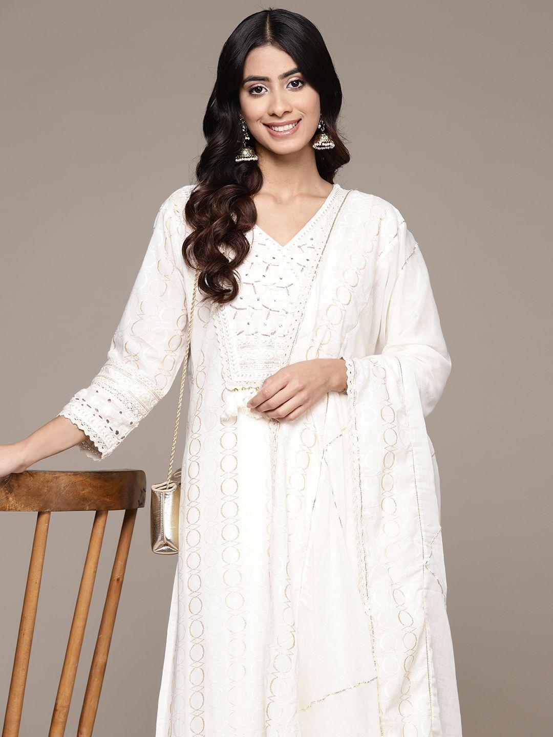 ishin women ethnic motifs embroidered pure cotton kurta with trousers & with dupatta