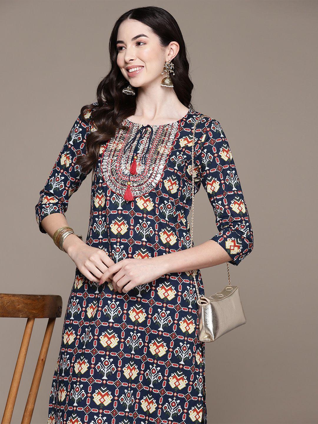 ishin women ethnic motifs printed cotton gotta patti kurta