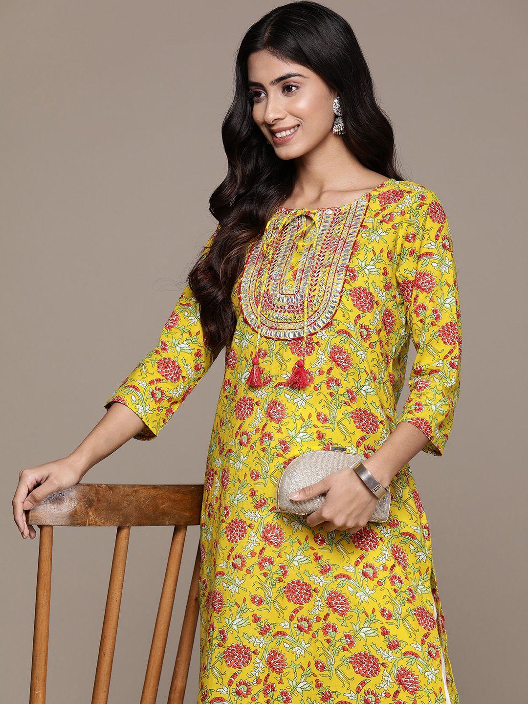 ishin women floral printed gotta patti cotton kurta