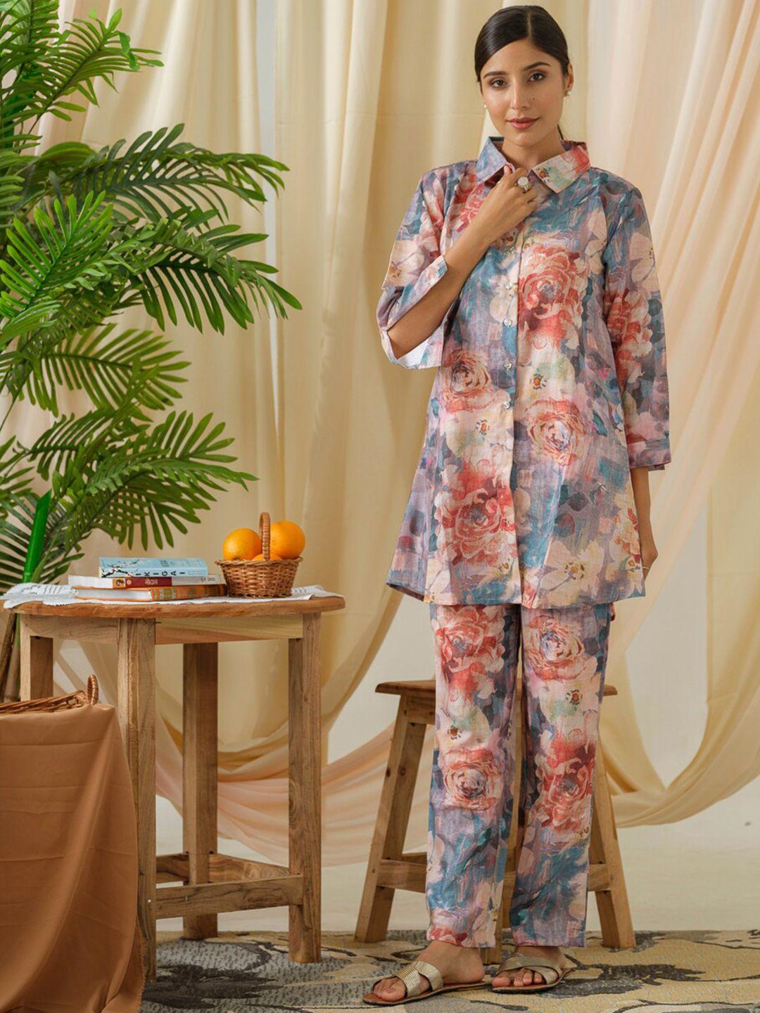 ishin women floral printed linen co-ords