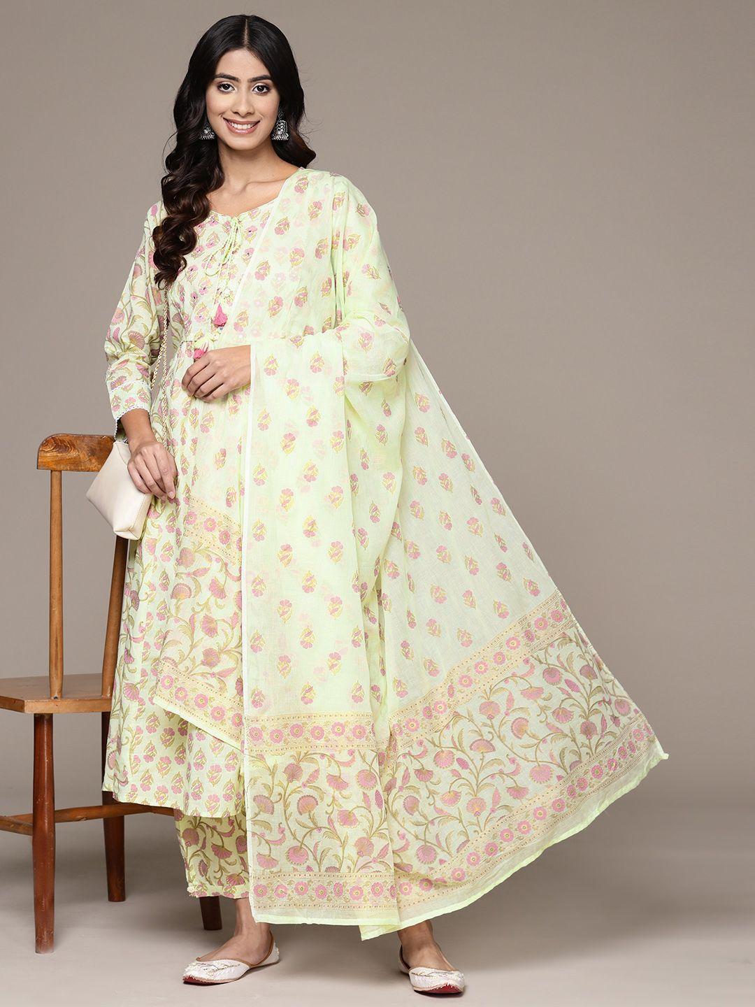 ishin women floral printed mirror work pure cotton kurta with trousers & with dupatta