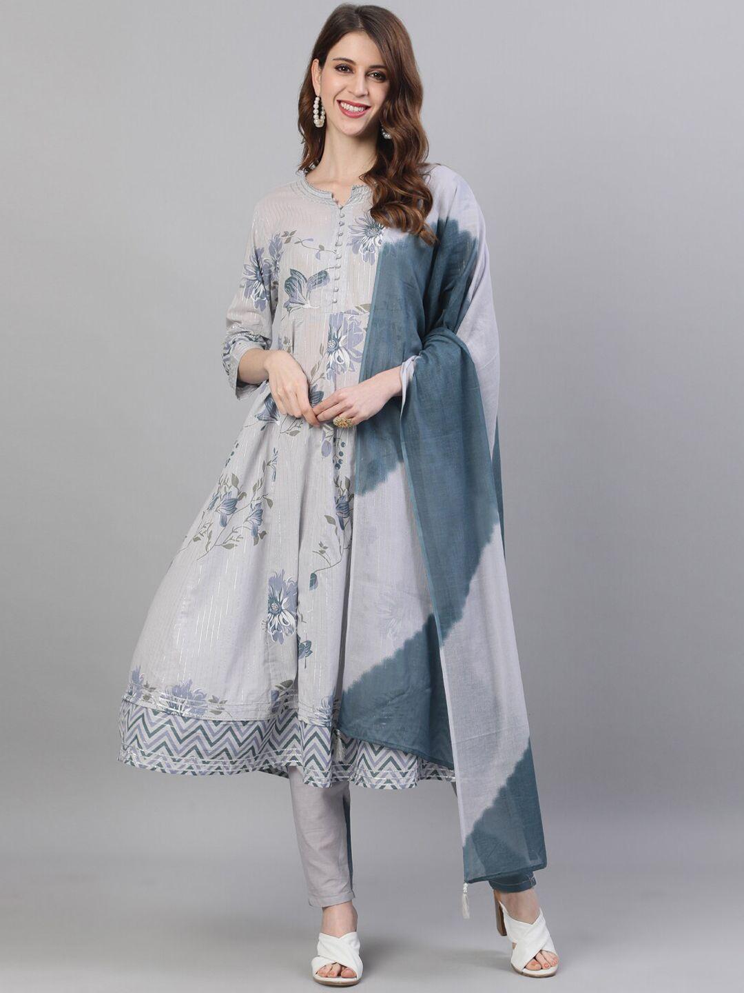 ishin women floral printed panelled gotta patti pure cotton kurta with trousers & dupatta