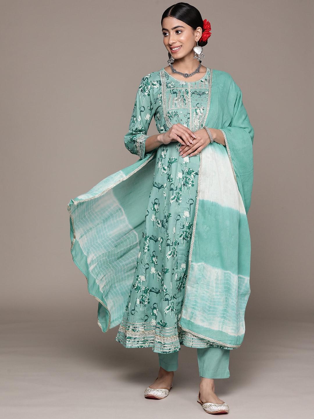 ishin women floral printed pure cotton kurta with trousers & with dupatta
