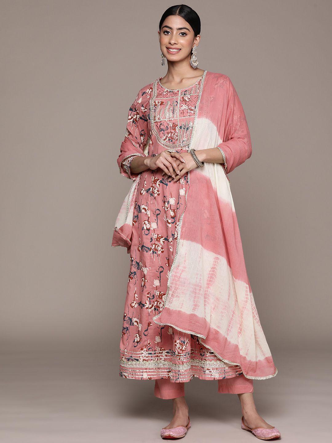 ishin women floral printed pure cotton kurta with trousers & with dupatta
