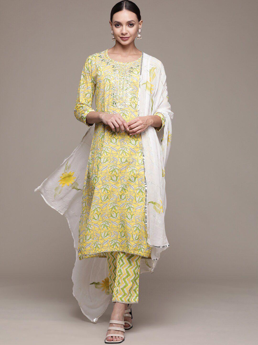 ishin women floral printed thread work kurta with trousers & dupatta