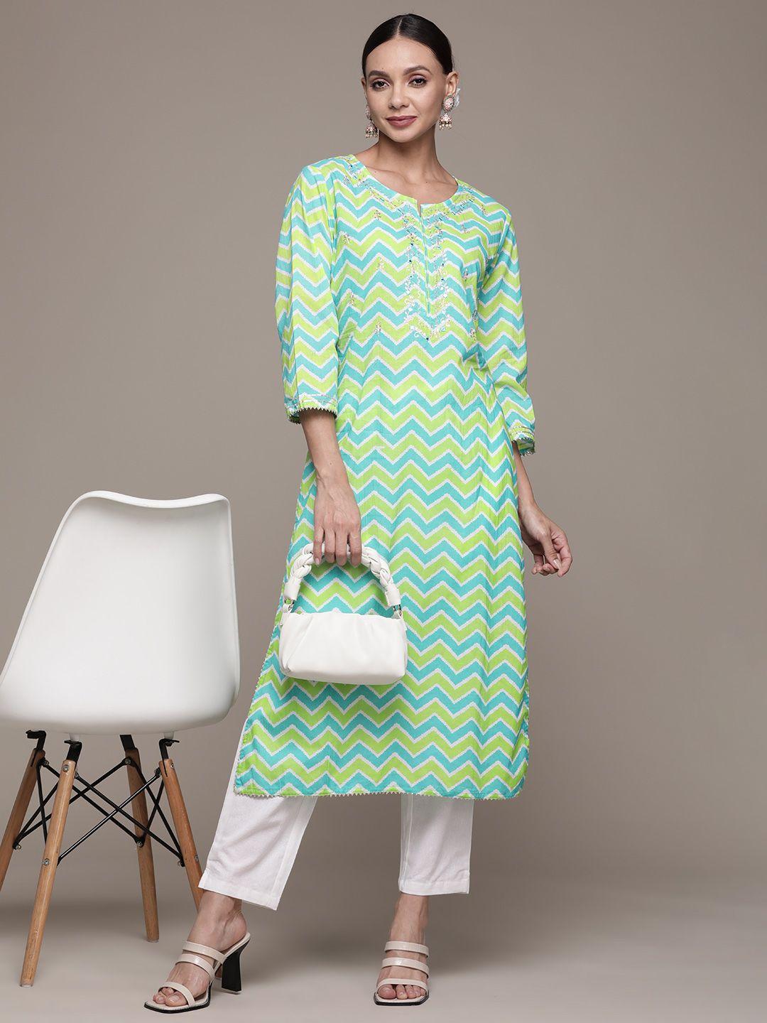 ishin women green & blue chevron print embroidered kurta with trousers