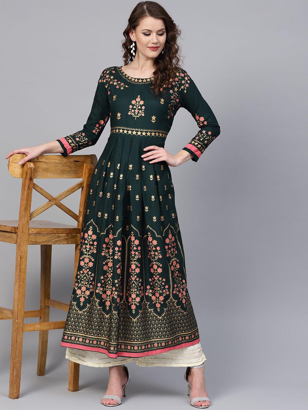 ishin women green & golden printed a-line kurta