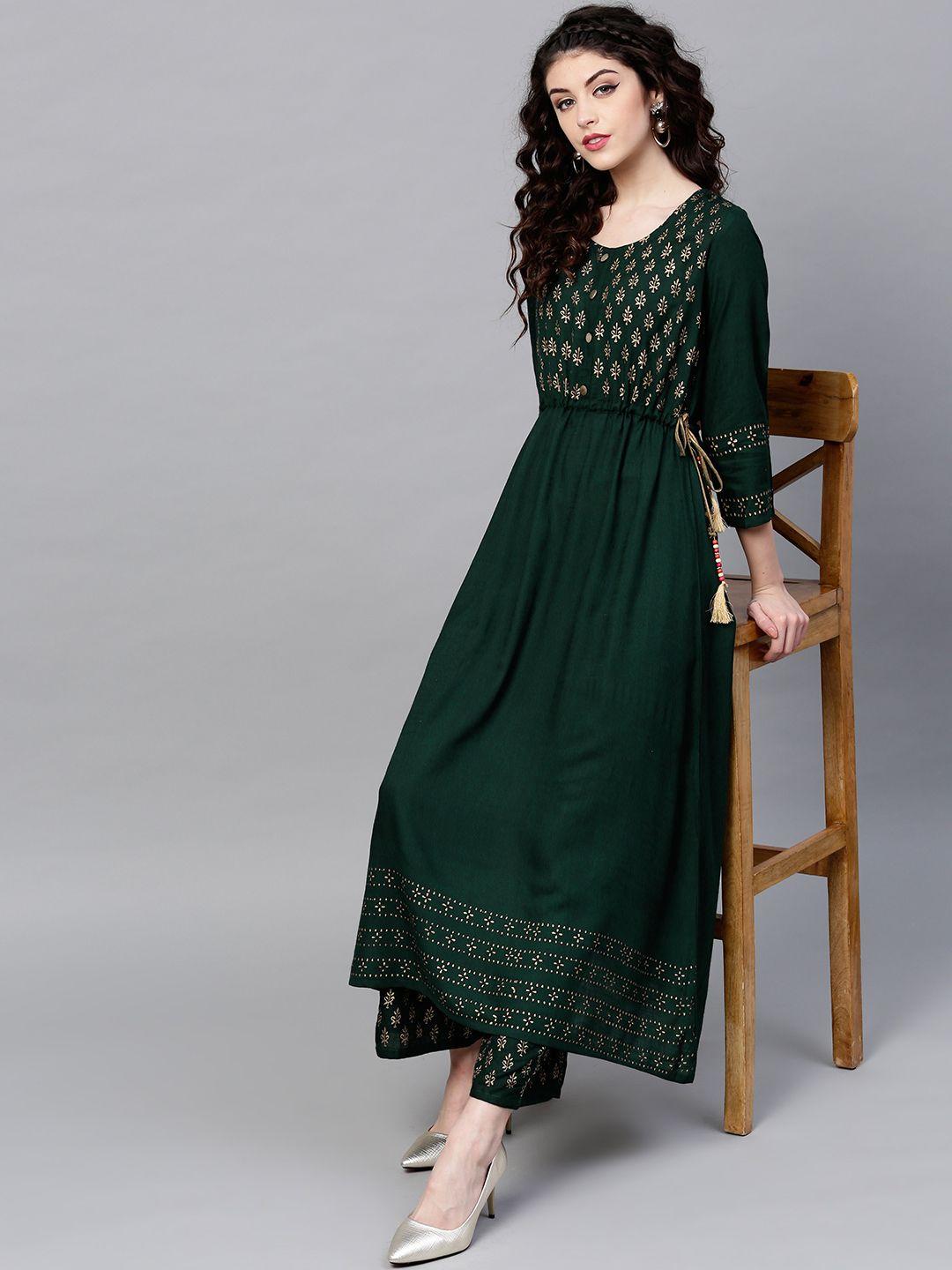 ishin women green & golden printed kurta with palazzos