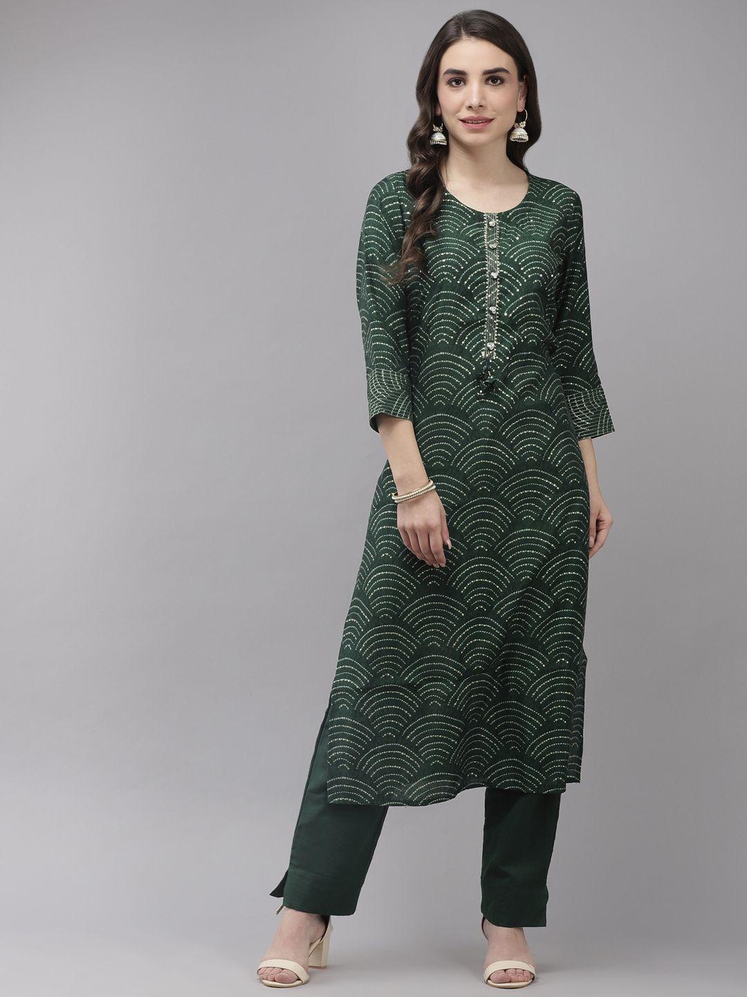 ishin women green bandhani embroidered regular kurta with trousers