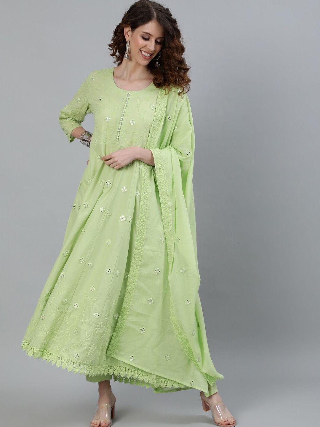 ishin women green embroidered mirror work pure cotton kurta with trousers & with dupatta