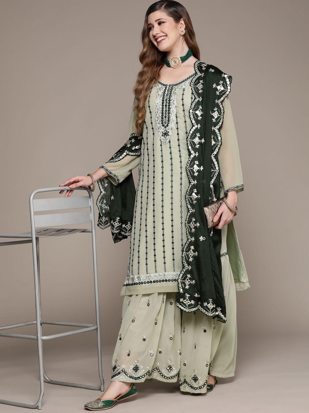 ishin women green ethnic motifs embroidered mirror work kurta with sharara & dupatta