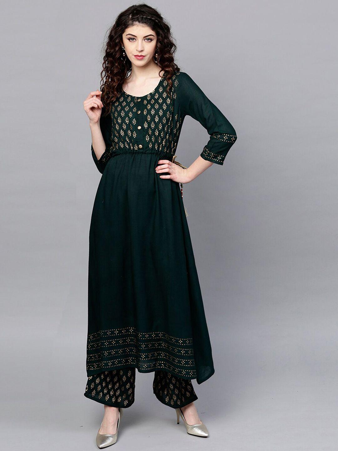 ishin women green ethnic motifs yoke design kurta with trousers