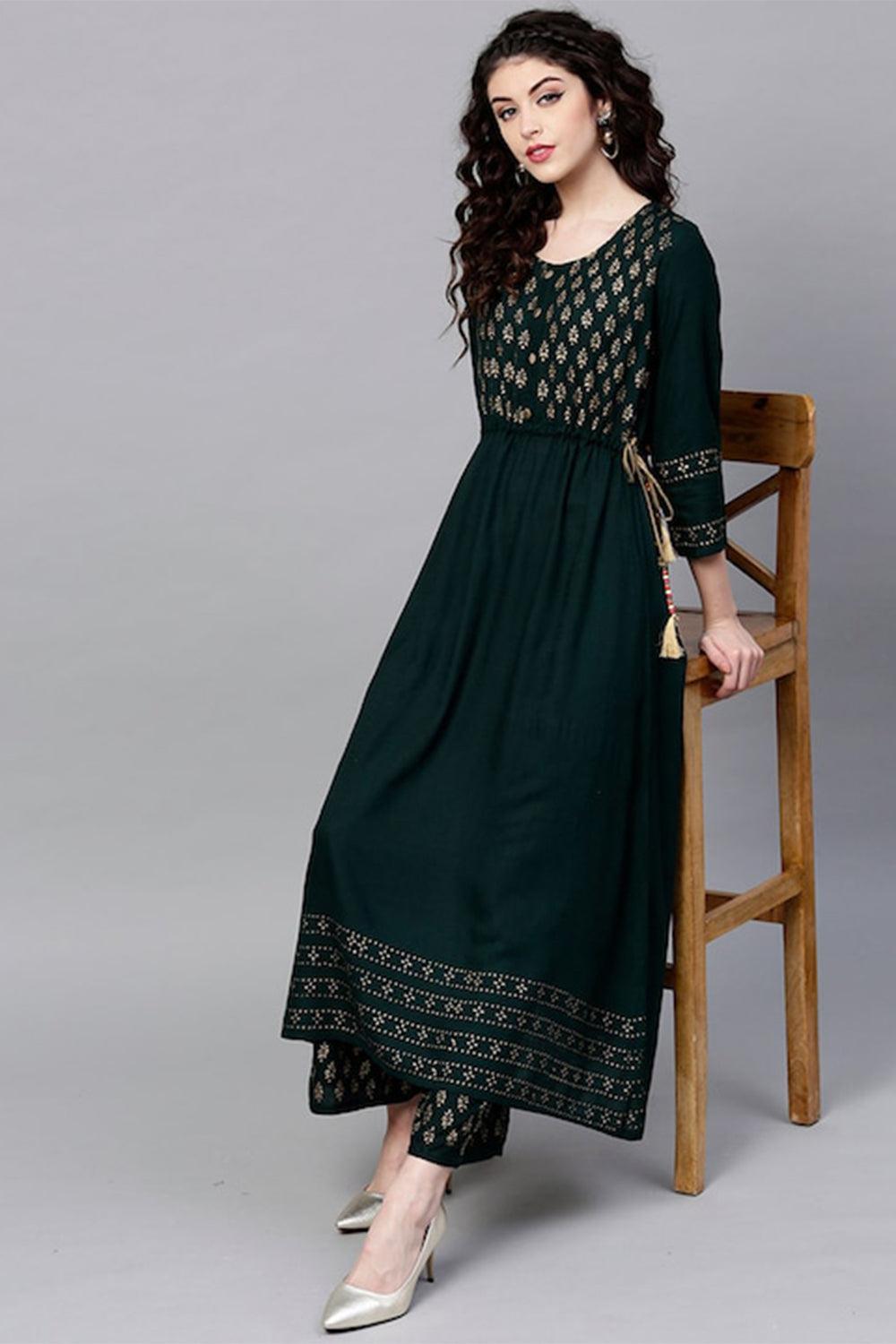 ishin women green floral anarkali kurta set