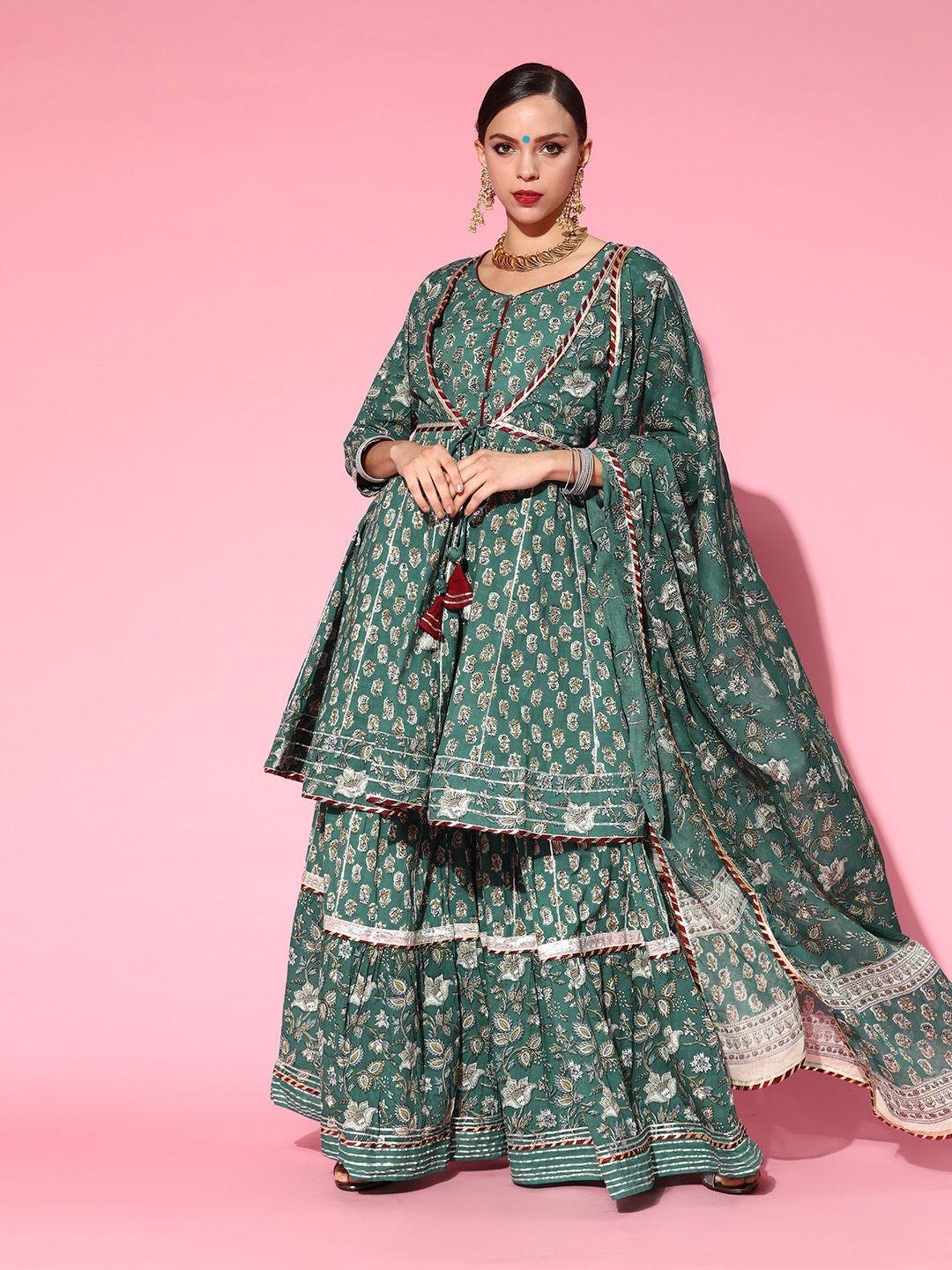 ishin women green floral embroidered regular gotta patti pure cotton kurta with sharara & with dupatta